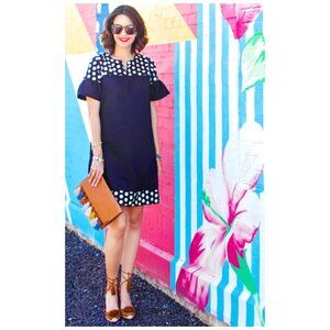 J. Crew Navy White Polka Dot Fringe Bell Sleeve Tunic Shift Dress Women's Size 2